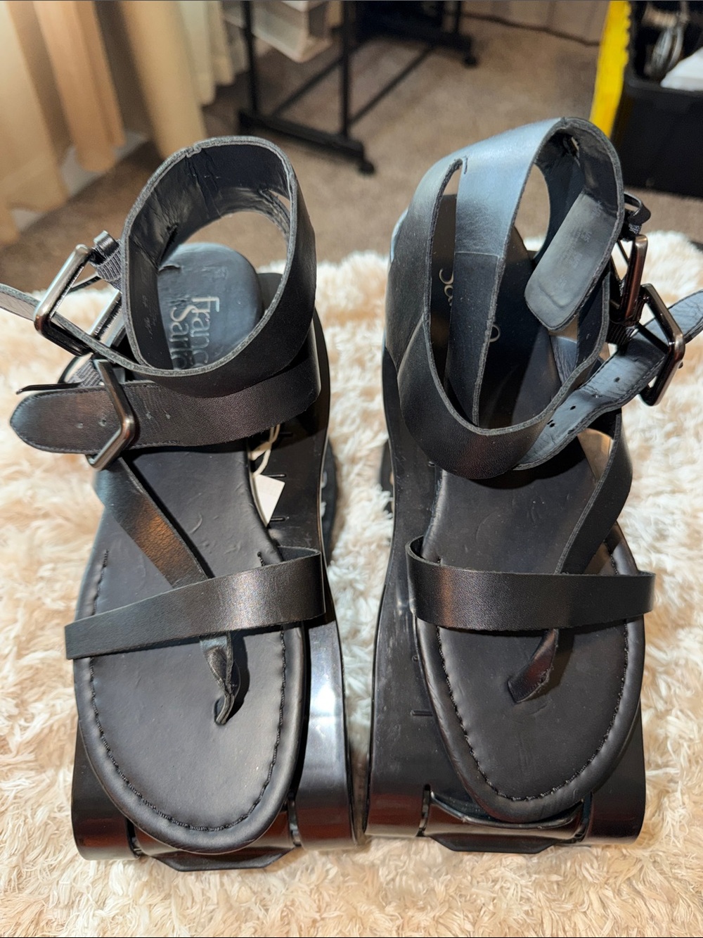 Franco Sarto Black Leather Platform Ankle-Strap Sandals